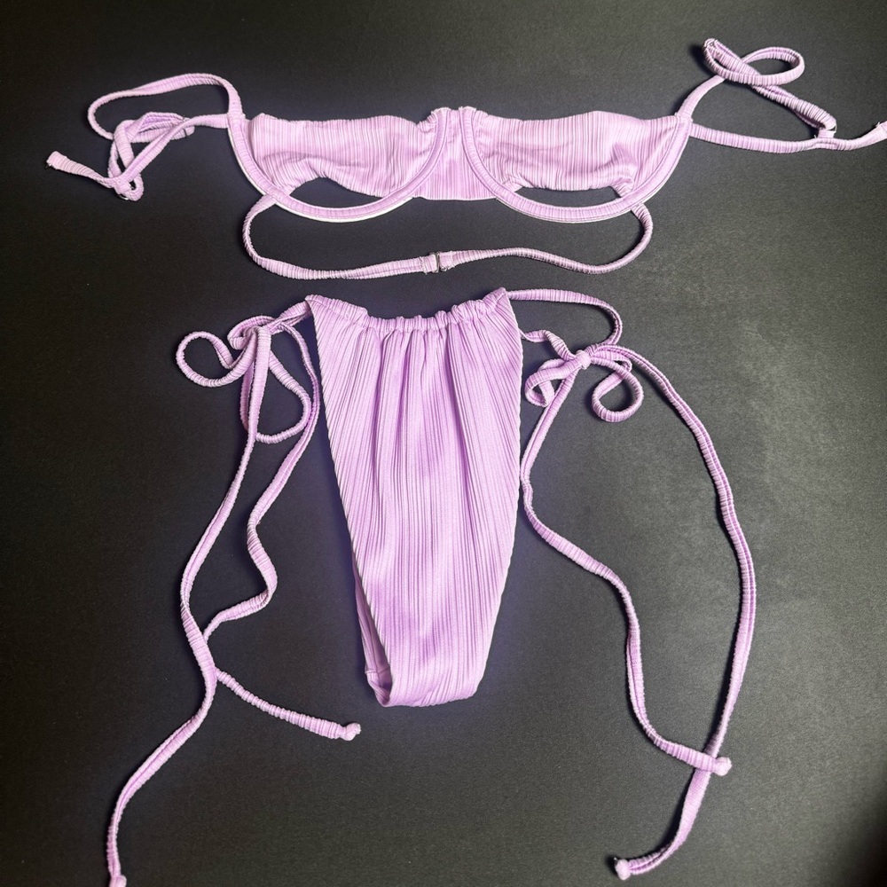 Frankie’s Lilac Ribbed Tie-Side Bikini Set Small Top and Medium Bottom